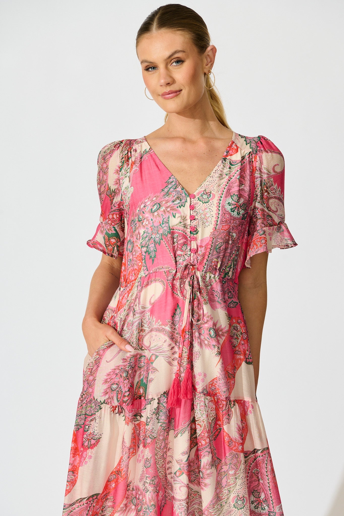Flamenco Rose Midi Dress in Pink with Boho Print