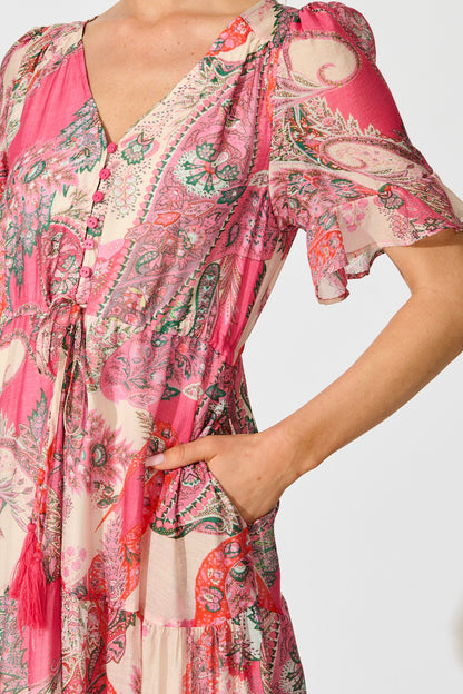 Flamenco Rose Midi Dress in Pink with Boho Print
