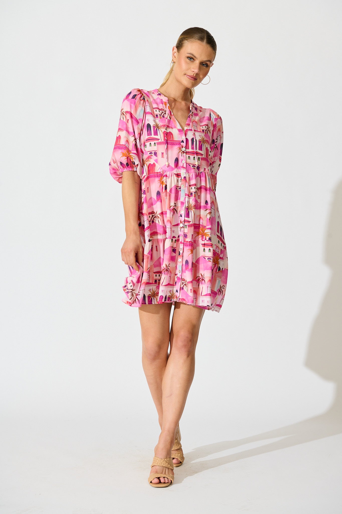 Emelyn Smock Dress in Pink Resort Print