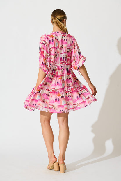 Emelyn Smock Dress in Pink Resort Print