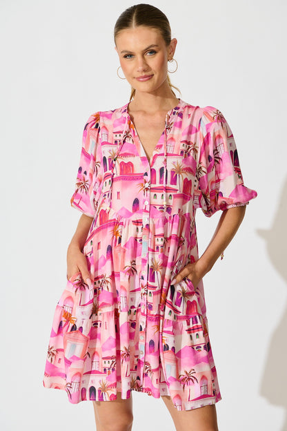 Emelyn Smock Dress in Pink Resort Print
