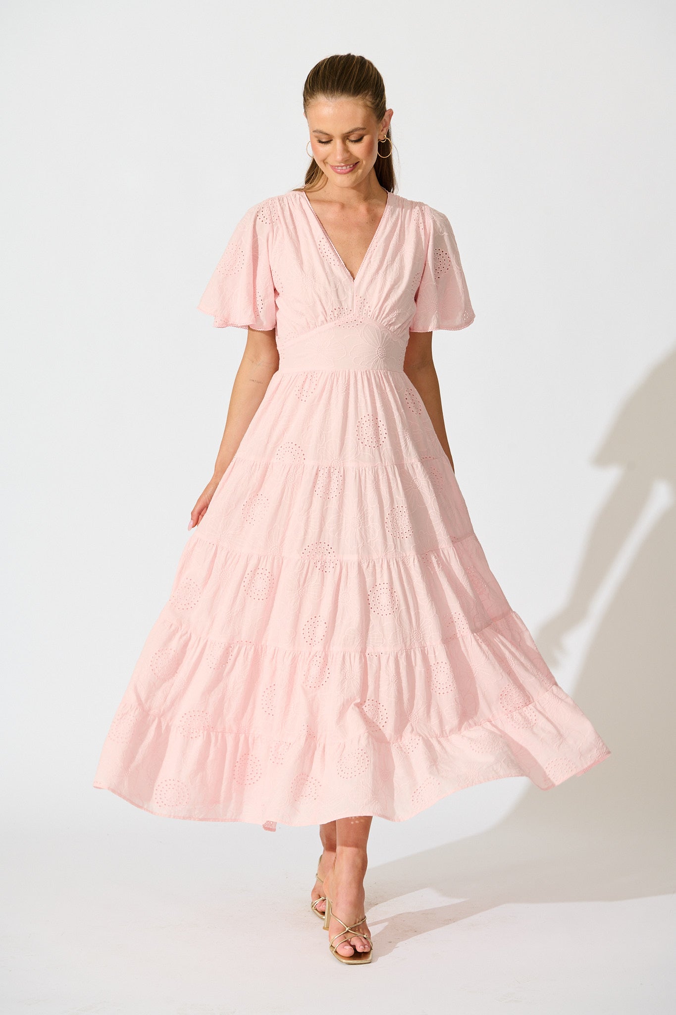 Indra Tierred Maxi Dress In Pink Embroidered Cotton