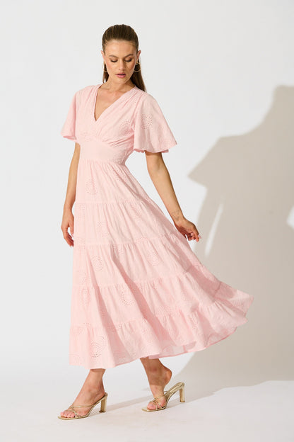 Indra Tierred Maxi Dress In Pink Embroidered Cotton