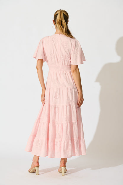 Indra Tierred Maxi Dress In Pink Embroidered Cotton