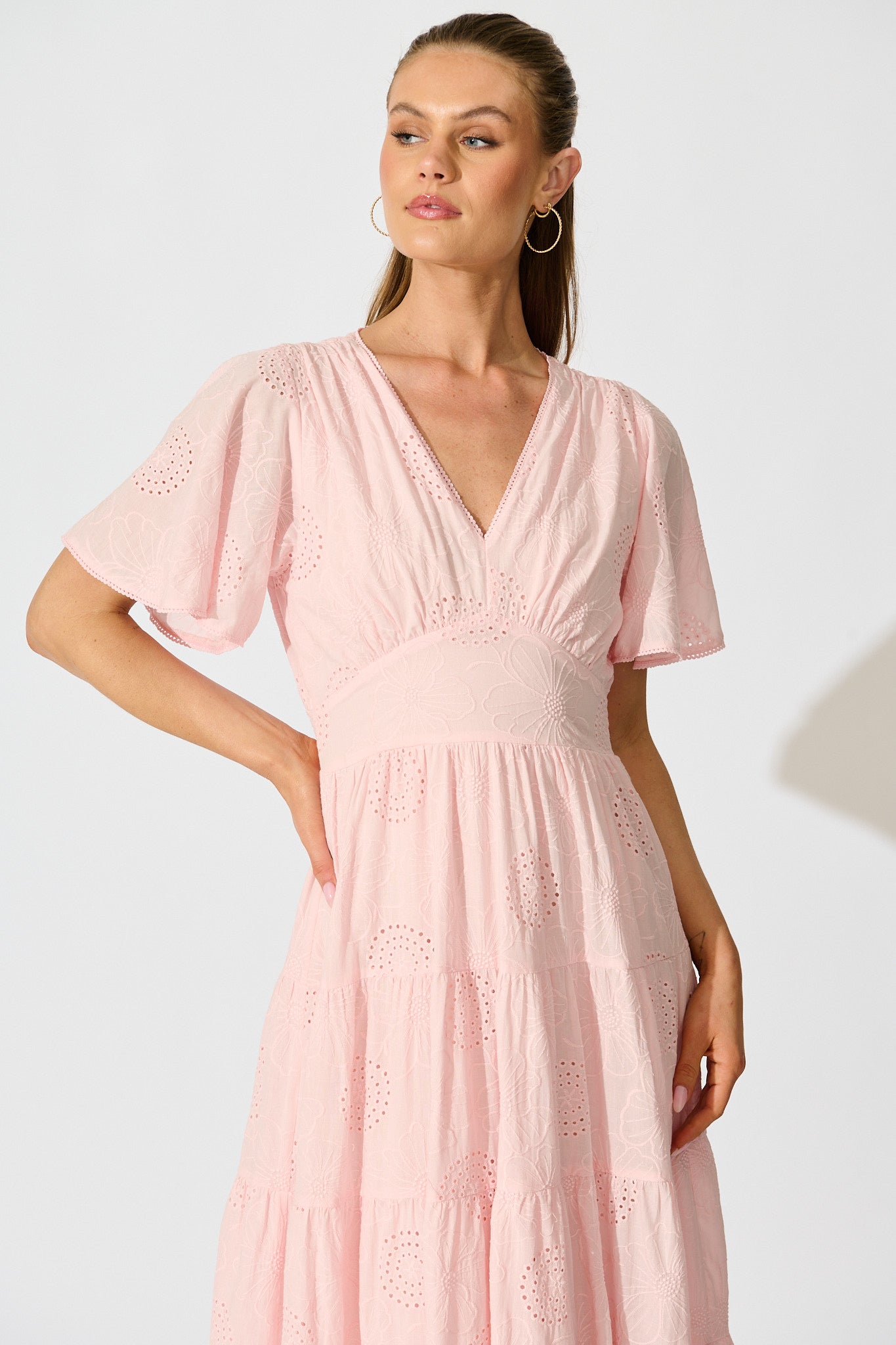 Indra Tierred Maxi Dress In Pink Embroidered Cotton