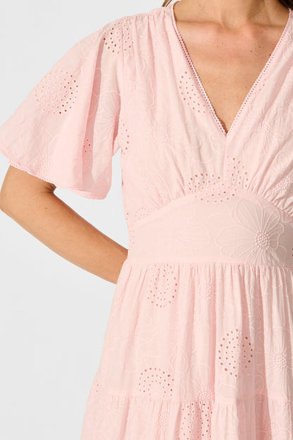 Indra Tierred Maxi Dress In Pink Embroidered Cotton