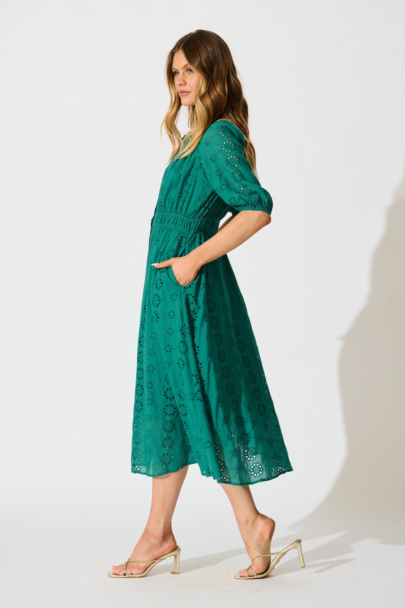 Ayla Midi Shirt Dress In Emerald Embroidered Cotton