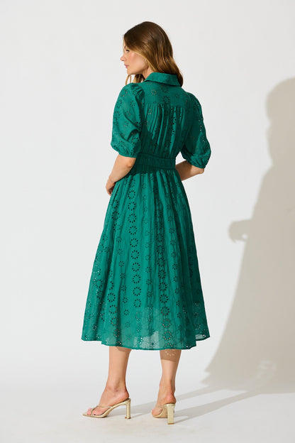 Ayla Midi Shirt Dress In Emerald Embroidered Cotton