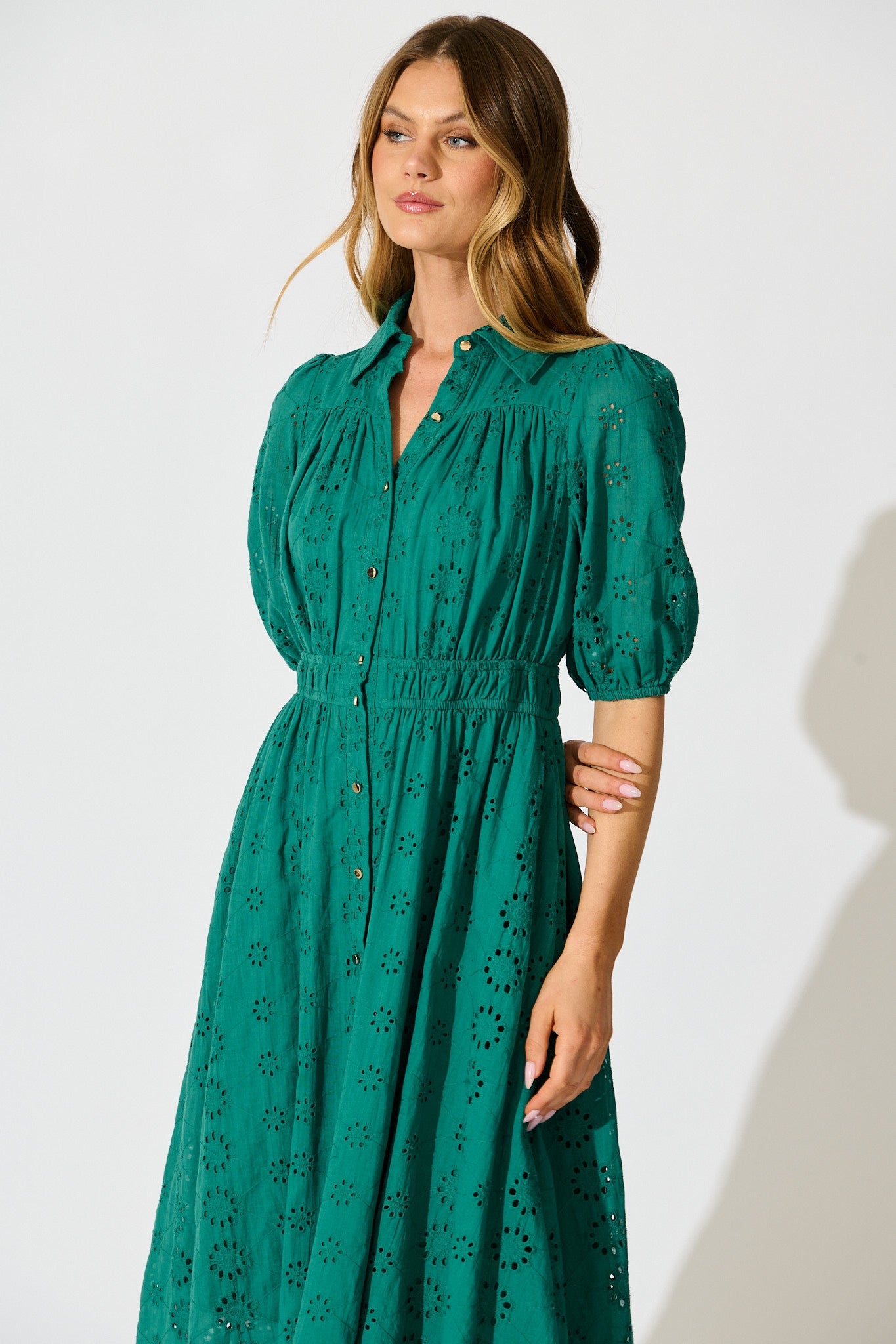 Ayla Midi Shirt Dress In Emerald Embroidered Cotton