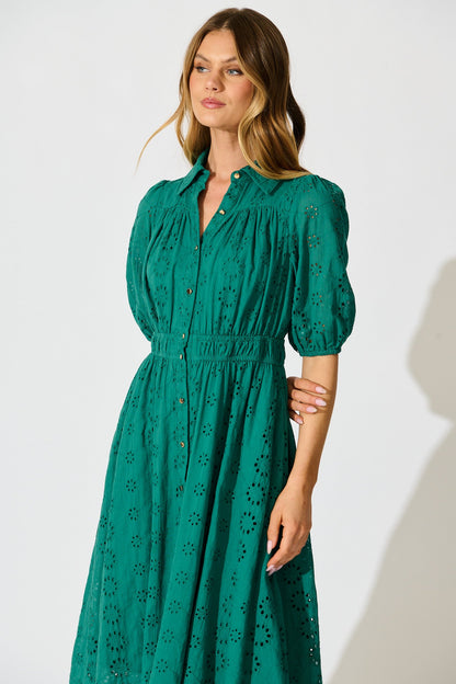 Ayla Midi Shirt Dress In Emerald Embroidered Cotton