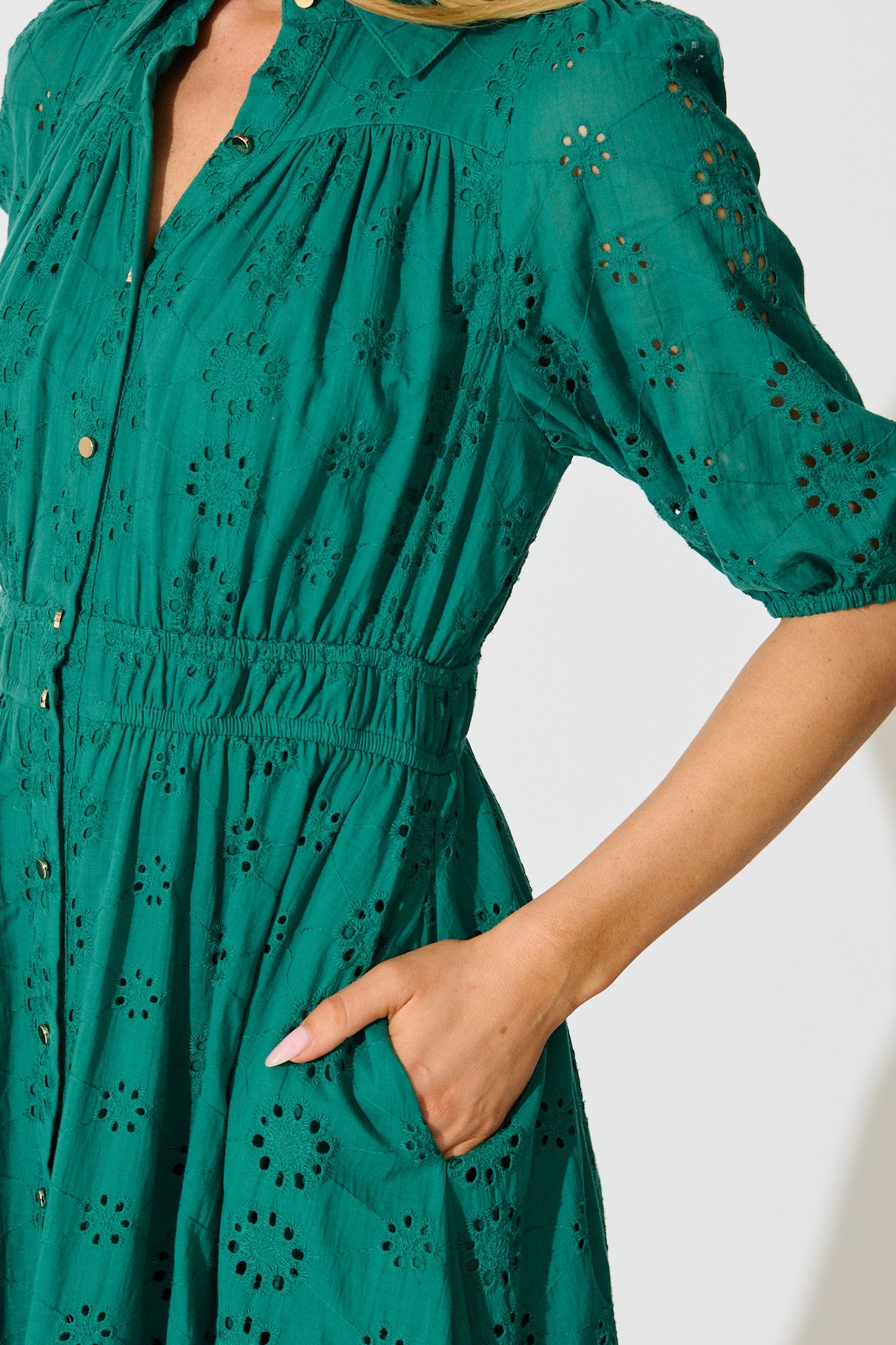 Ayla Midi Shirt Dress In Emerald Embroidered Cotton