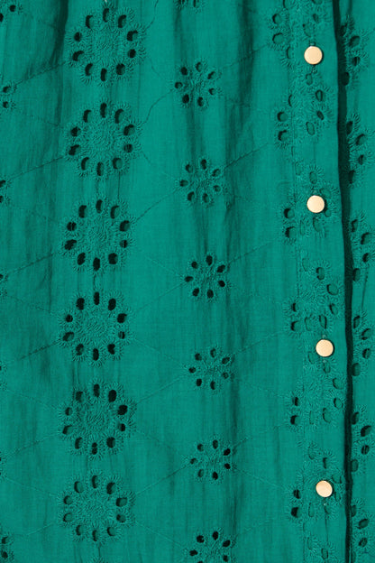 Ayla Midi Shirt Dress In Emerald Embroidered Cotton