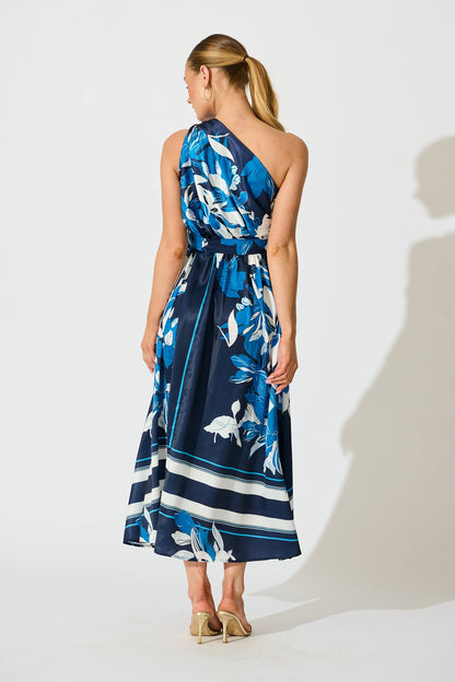 Bernadette One Shoulder Midi Dress in Navy with Floral Satin