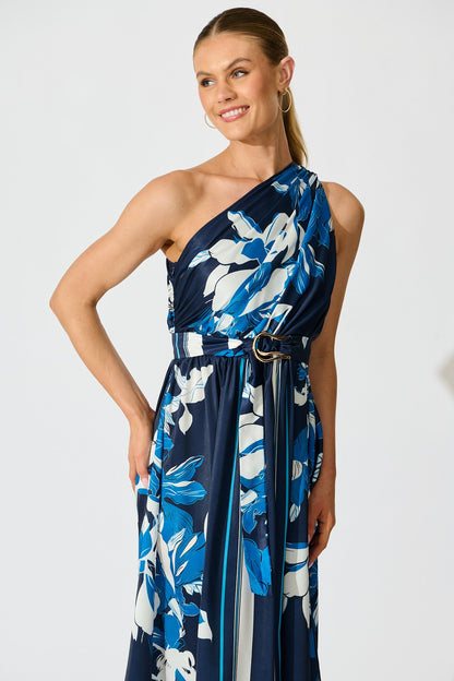 Bernadette One Shoulder Midi Dress in Navy with Floral Satin