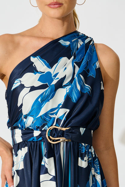Bernadette One Shoulder Midi Dress in Navy with Floral Satin