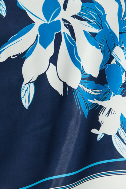 Bernadette One Shoulder Midi Dress in Navy with Floral Satin