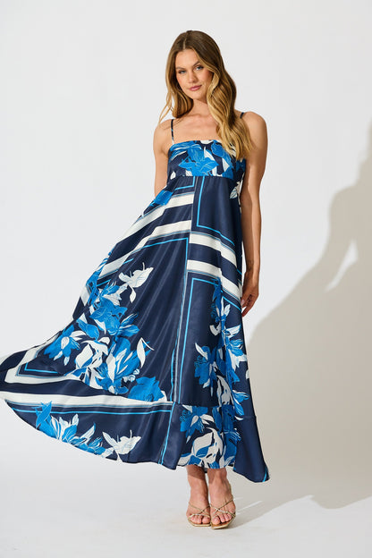 Ruthie Maxi Sundress in Navy Floral Satin