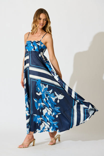 Ruthie Maxi Sundress in Navy Floral Satin