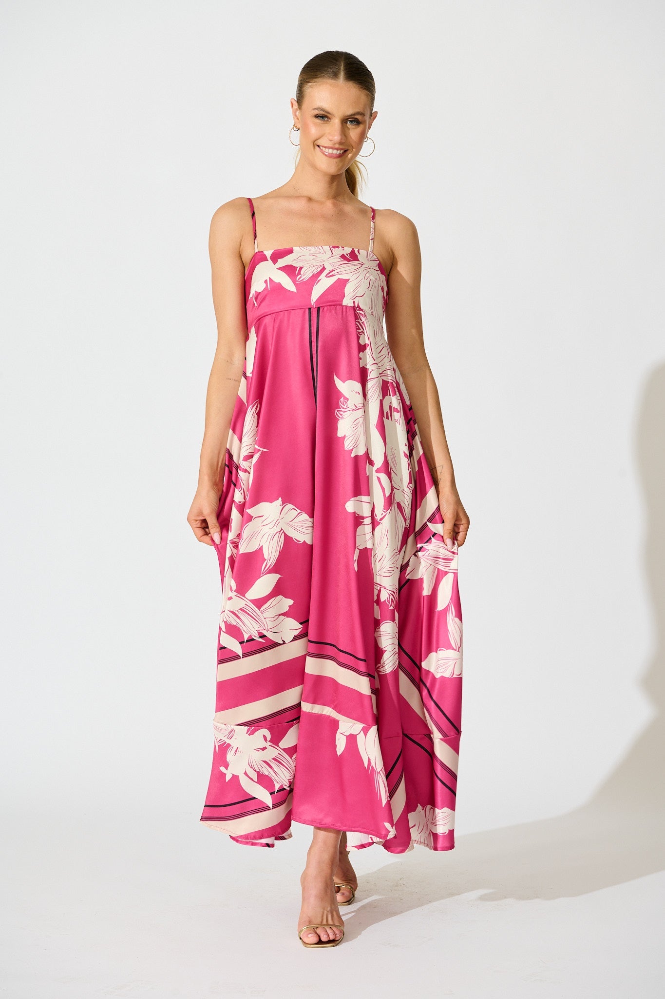 Ruthie Maxi Sundress in Magenta Floral Satin