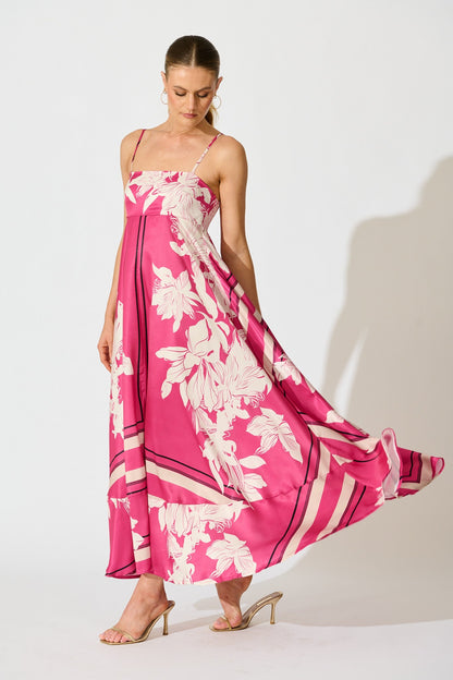 Ruthie Maxi Sundress in Magenta Floral Satin
