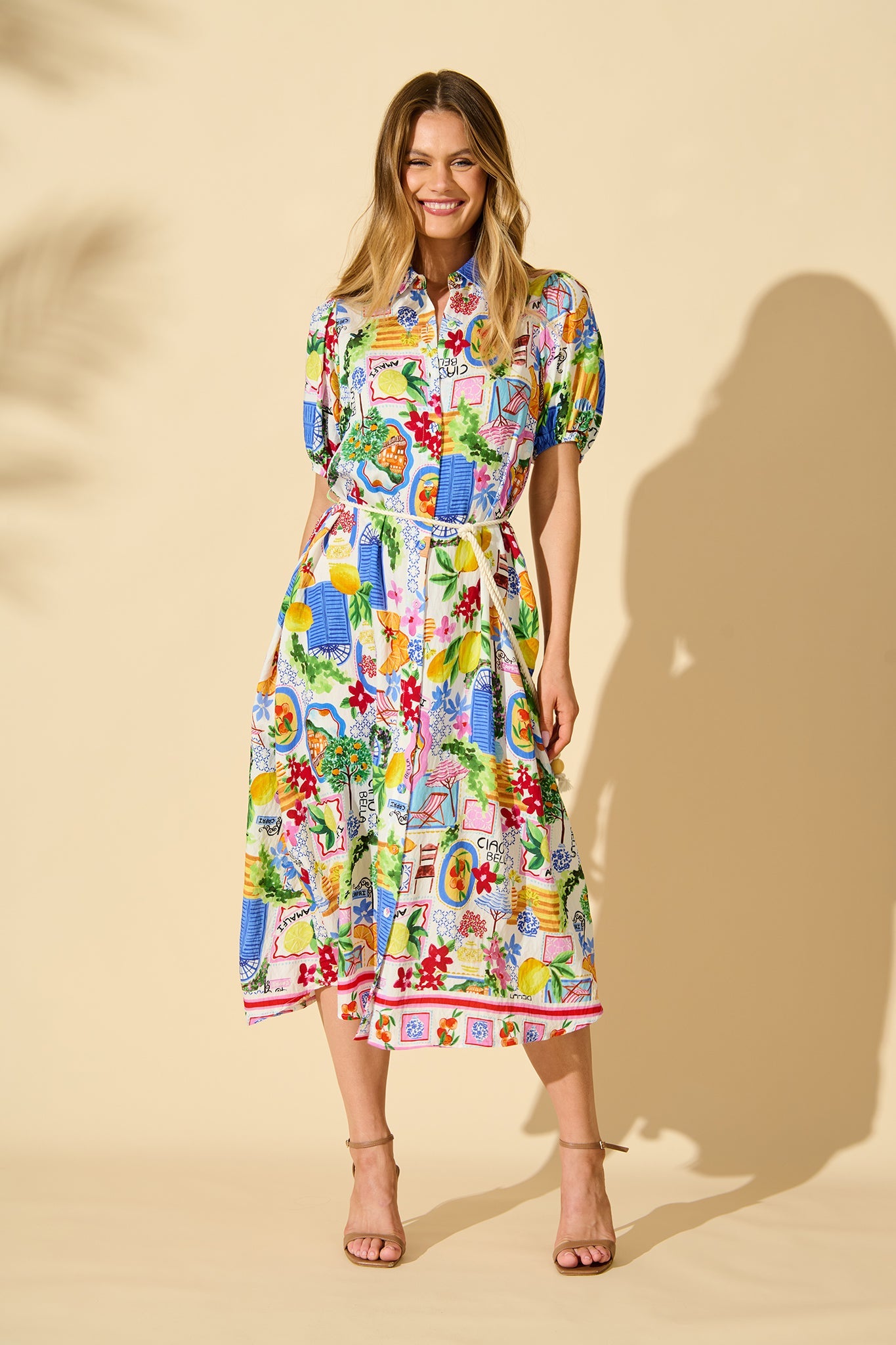 Dearest Midi Shirt Dress In White With Multi Print