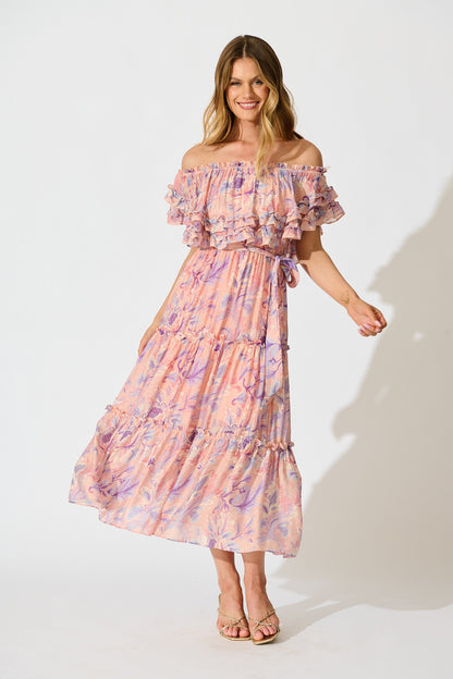 Franc Midi Dress in Soft Peach with Lilac Floral Chiffon