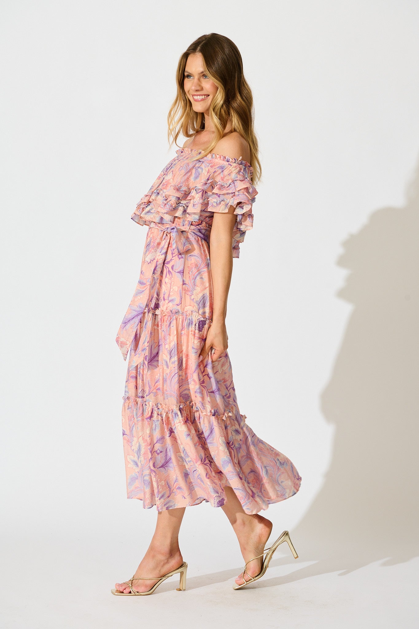 Franc Midi Dress in Soft Peach with Lilac Floral Chiffon
