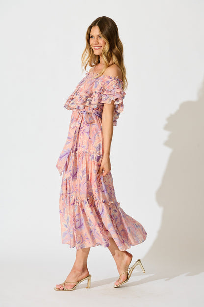 Franc Midi Dress in Soft Peach with Lilac Floral Chiffon
