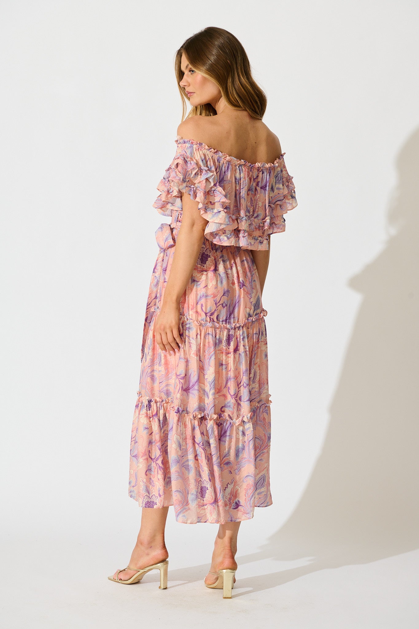 Franc Midi Dress in Soft Peach with Lilac Floral Chiffon
