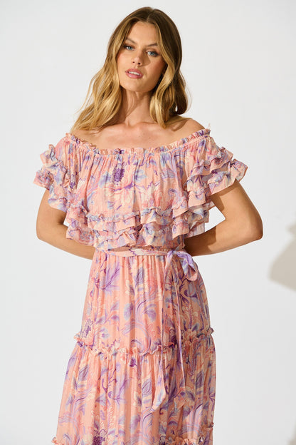 Franc Midi Dress in Soft Peach with Lilac Floral Chiffon
