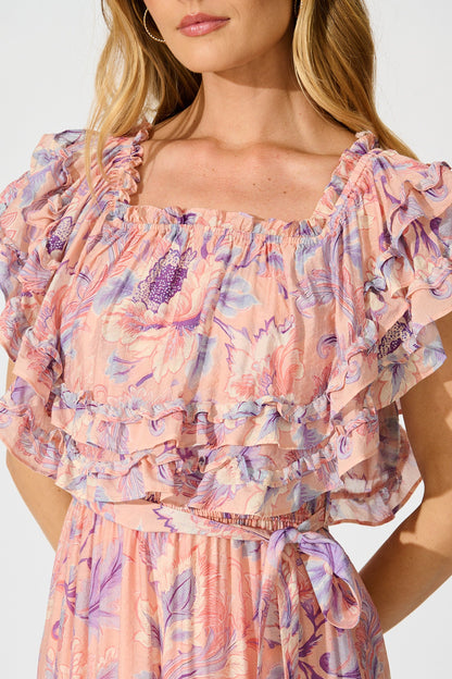 Franc Midi Dress in Soft Peach with Lilac Floral Chiffon