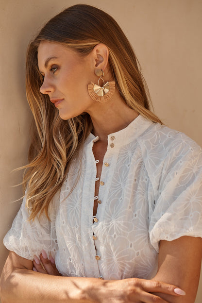 Ella Drop Earrings in Natural Raffia with Gold Accent