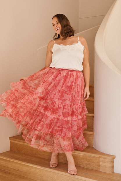 Sky Bloom Midi Skirt in Pink Floral Tulle