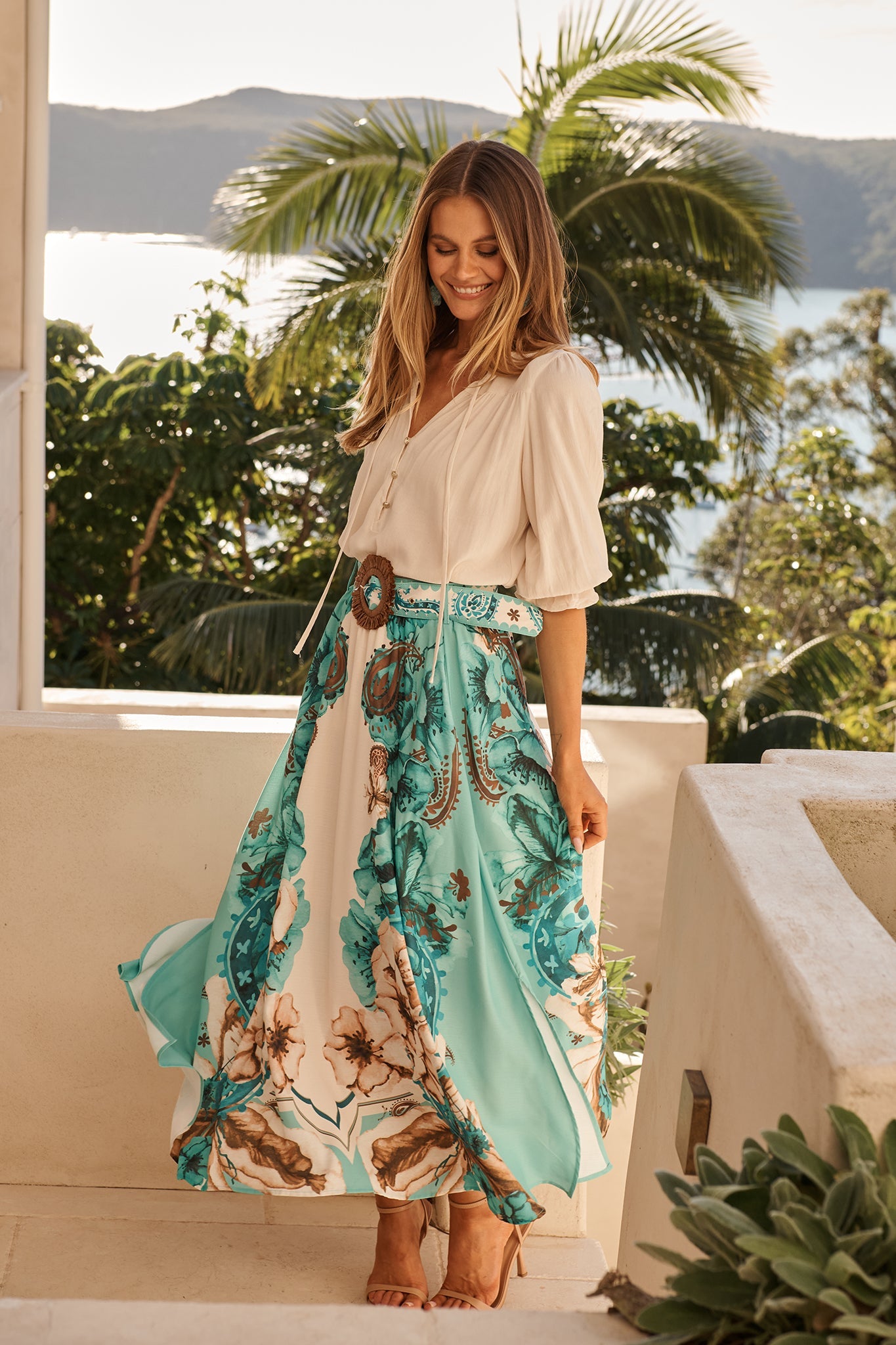Boheme Breeze Skirt in Cream with Jade Print Linen Blend