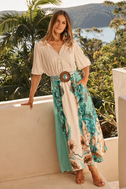 Boheme Breeze Skirt in Cream with Jade Print Linen Blend