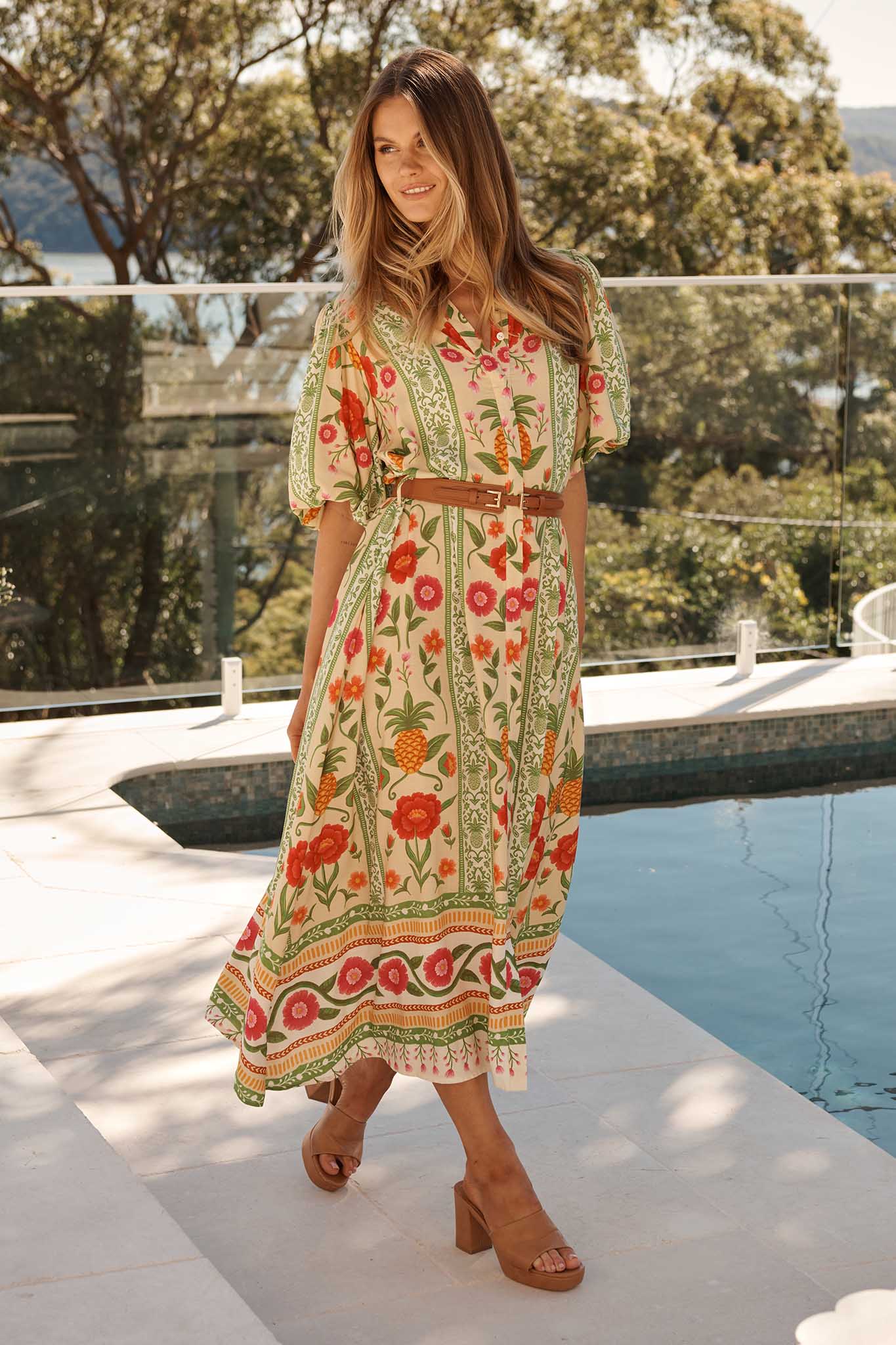 Tropicana Maxi Shirt Dress in Pineapple Print
