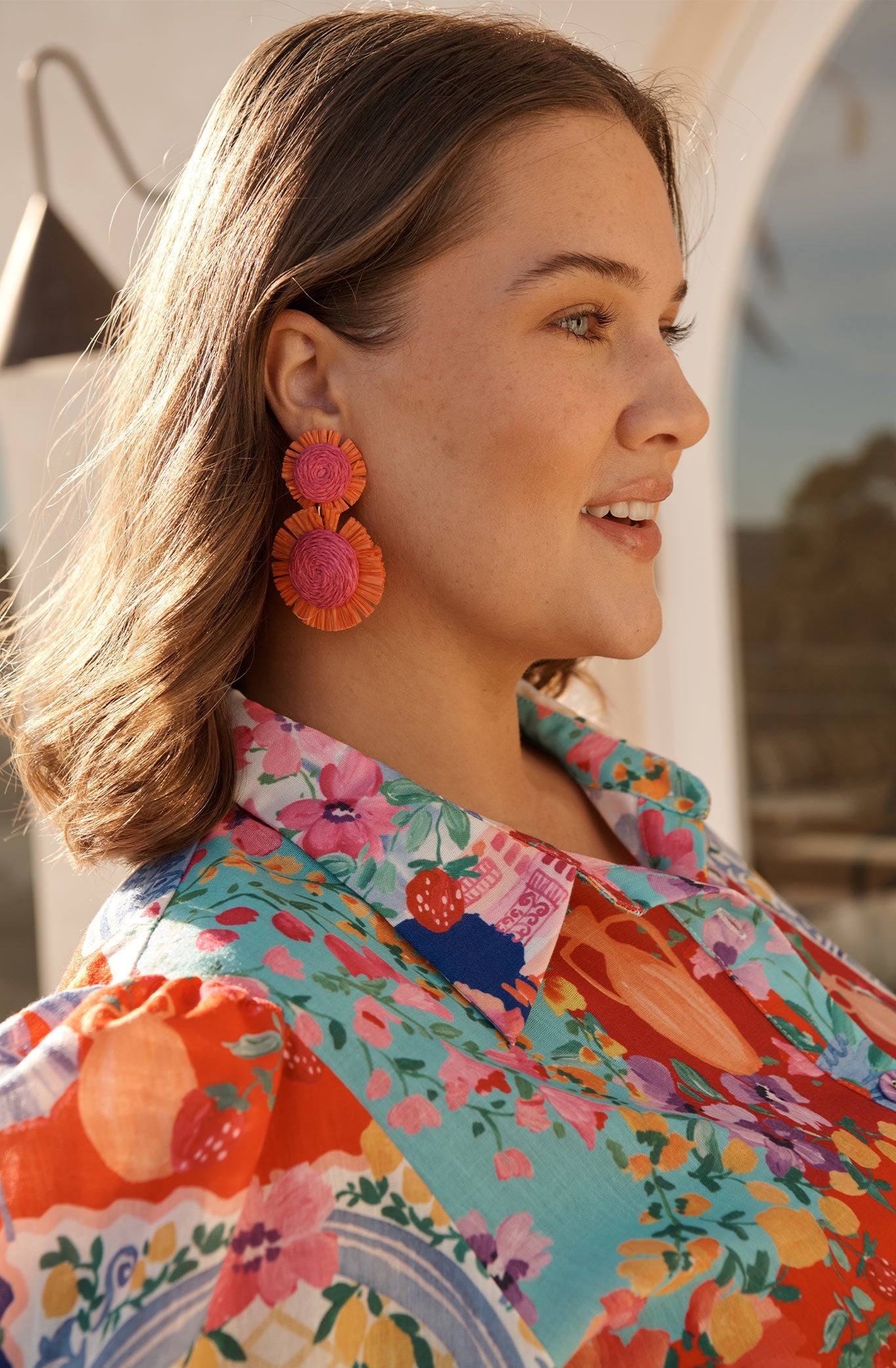 Poppy Earrings in Fuchsia and Tangerine Raffia