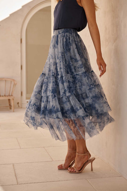 Sky Bloom Midi Skirt in Blue with Navy Floral Tulle