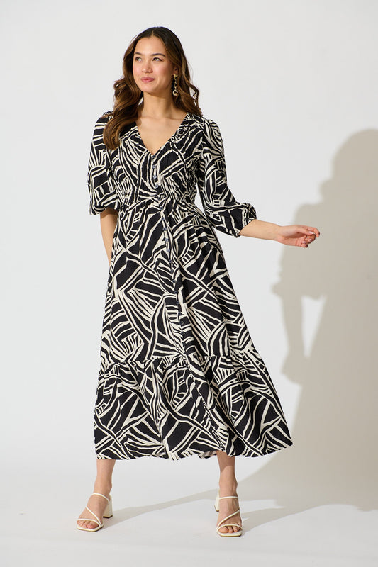 Davina Midi Smock Dress in Black and White Cotton Blend