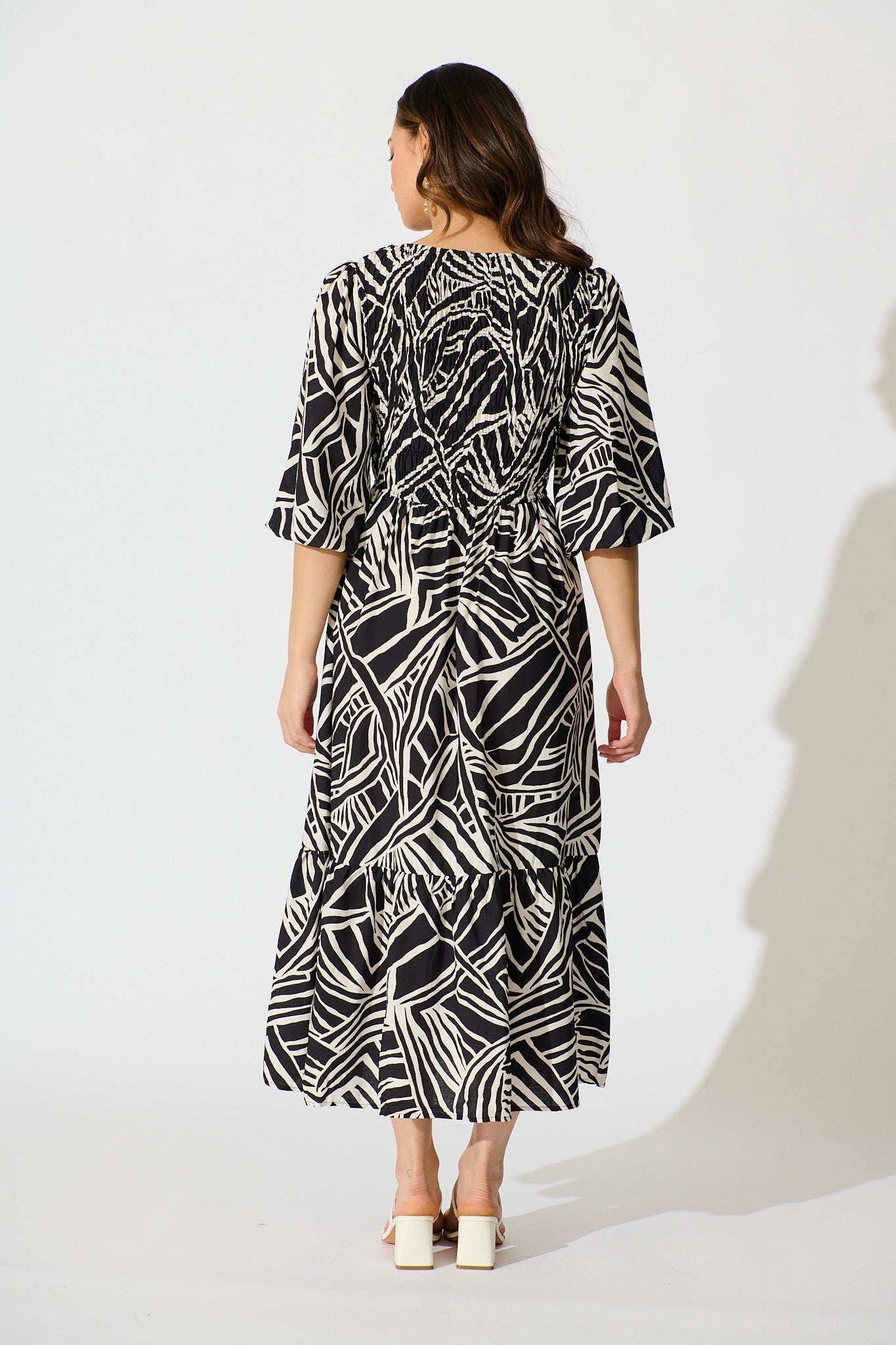 Davina Midi Smock Dress in Black and White Cotton Blend