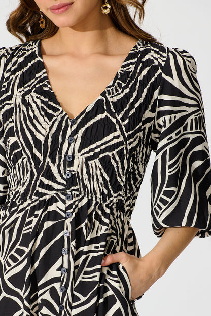 Davina Midi Smock Dress in Black and White Cotton Blend