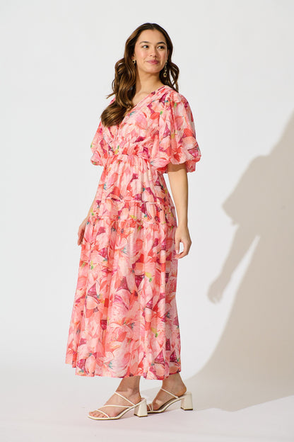 Amalie Midi Dress in Pink Watercolour Print