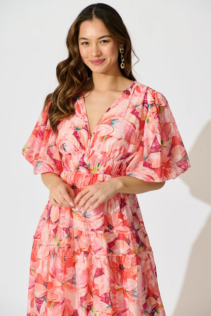 Amalie Midi Dress in Pink Watercolour Print