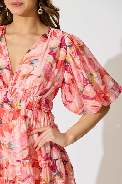 Amalie Midi Dress in Pink Watercolour Print