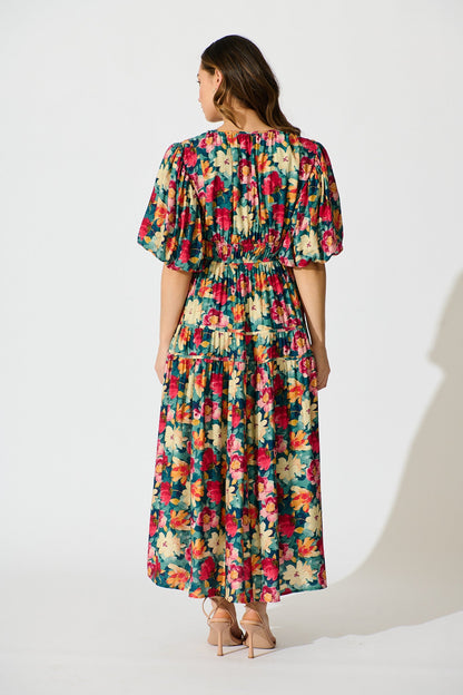 Amalie Midi Dress in Jade Floral Print