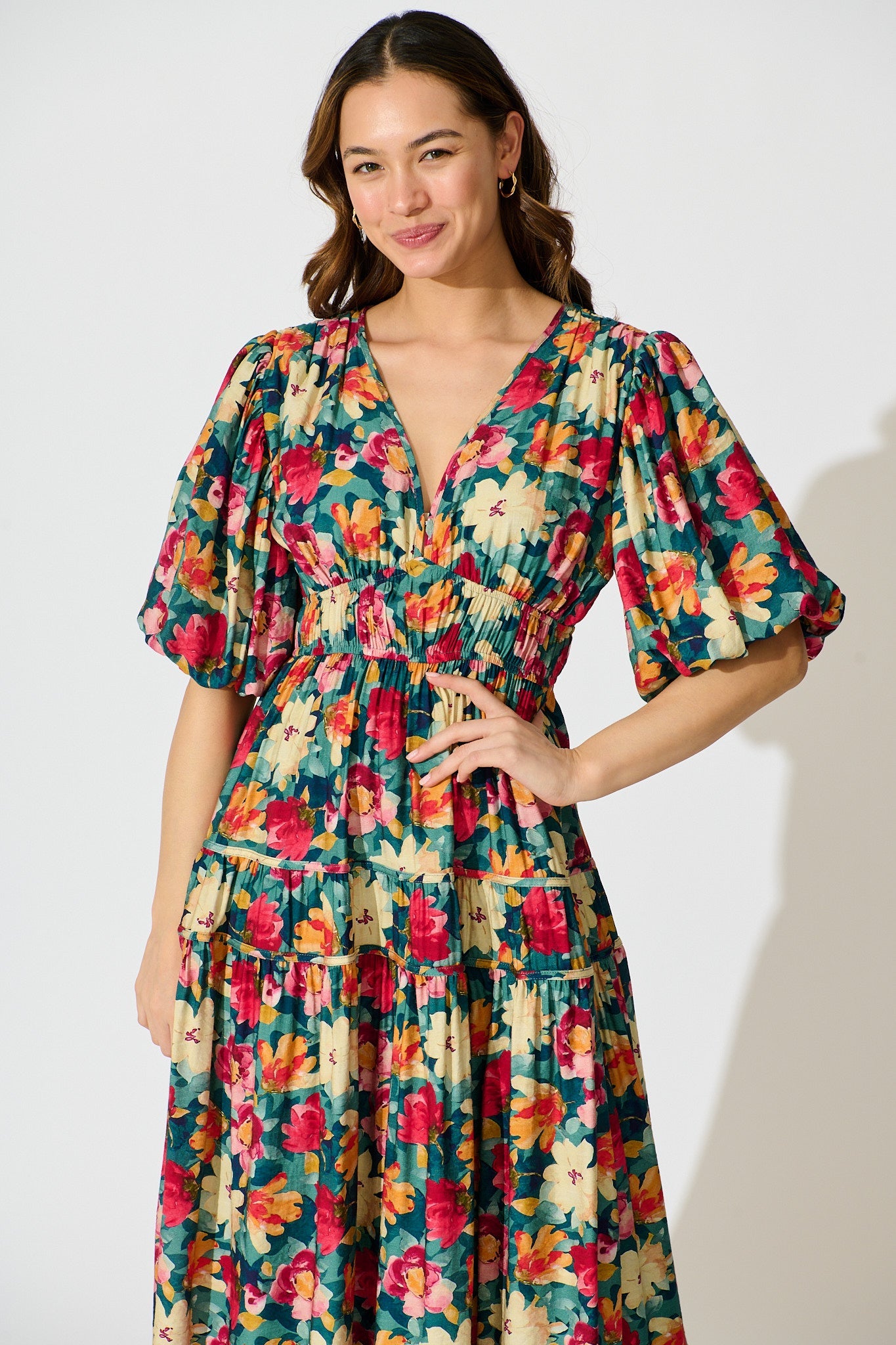 Amalie Midi Dress in Jade Floral Print