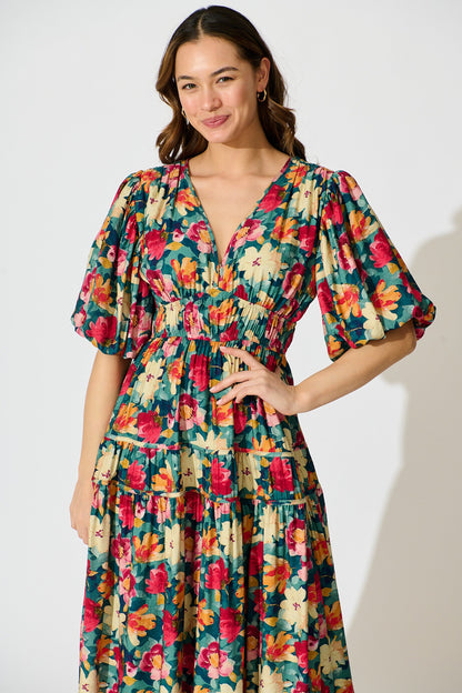 Amalie Midi Dress in Jade Floral Print