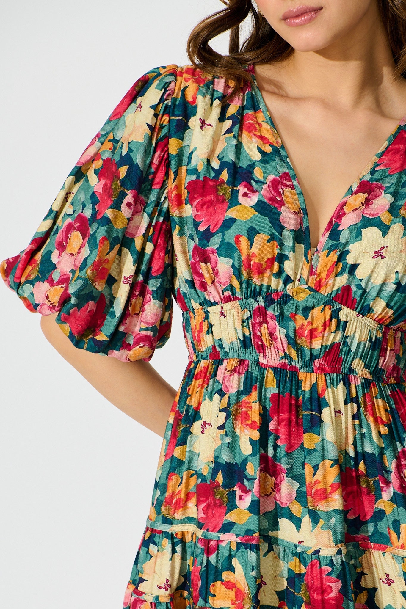 Amalie Midi Dress in Jade Floral Print