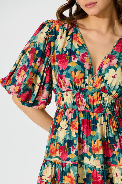 Amalie Midi Dress in Jade Floral Print