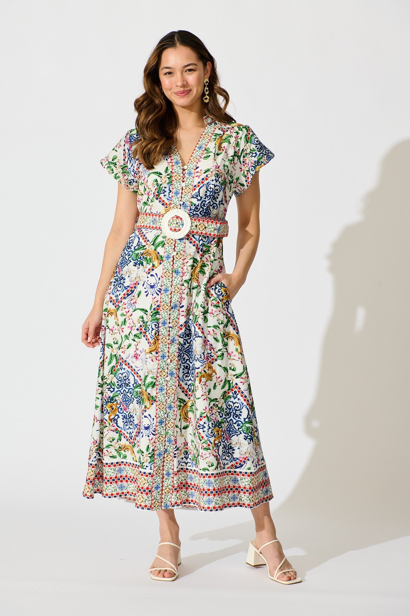 Portofino Bloom Midi Dress in White with Multi Print